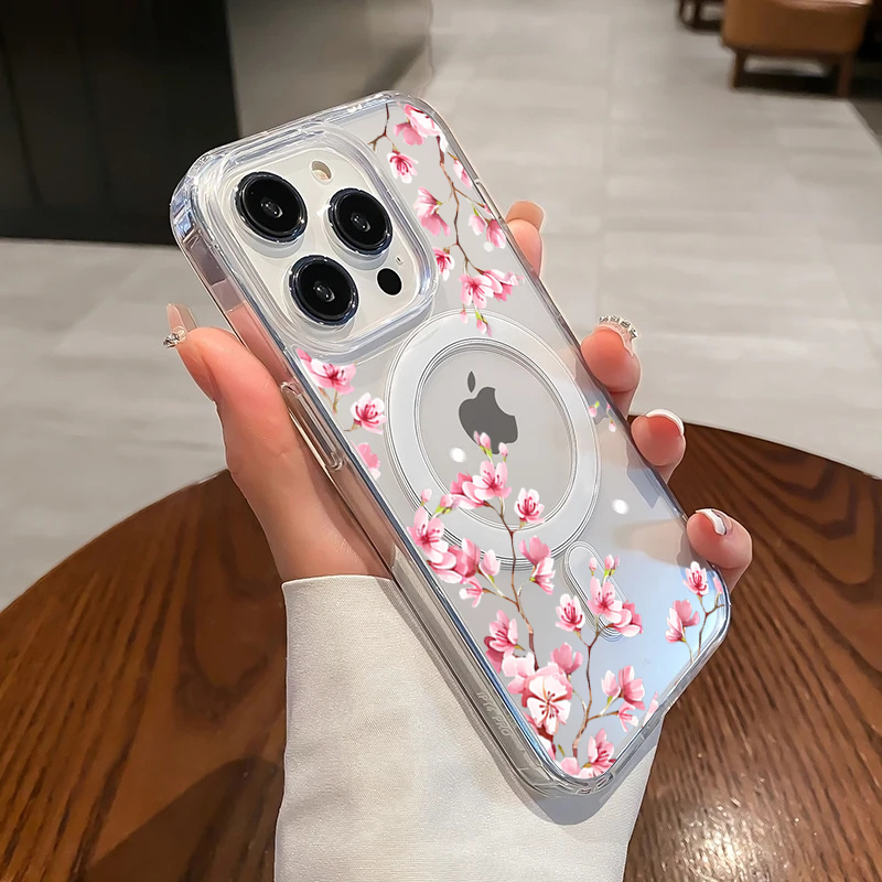 Clear Magsafe Case - Custodia di lusso rosa con fiori